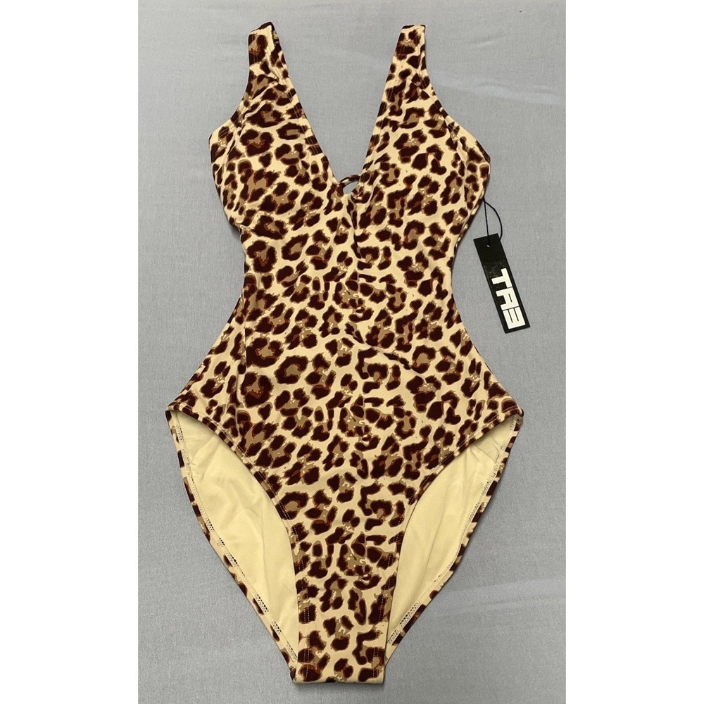 NWT TA3 Natural Leopard Plungey One Piece Corset Shapewear Swimsuit XXS Reg/Long